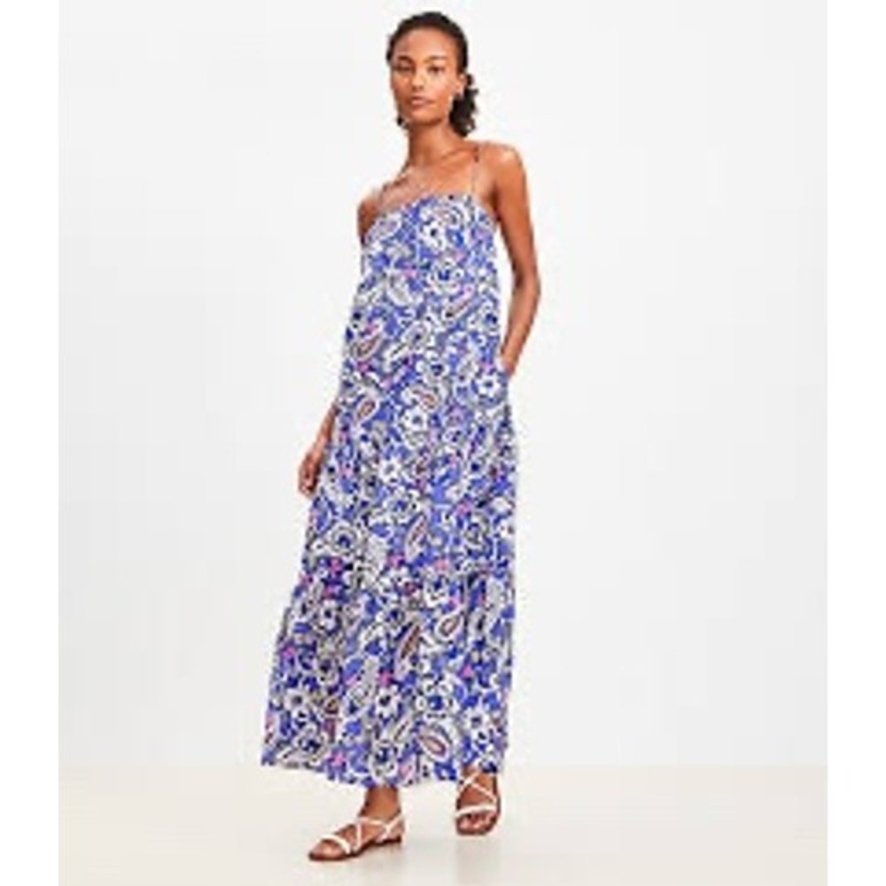 LOFT Paisley Tiered Maxi Dress Blue White Floral Sleeveless Boho Summer Dress